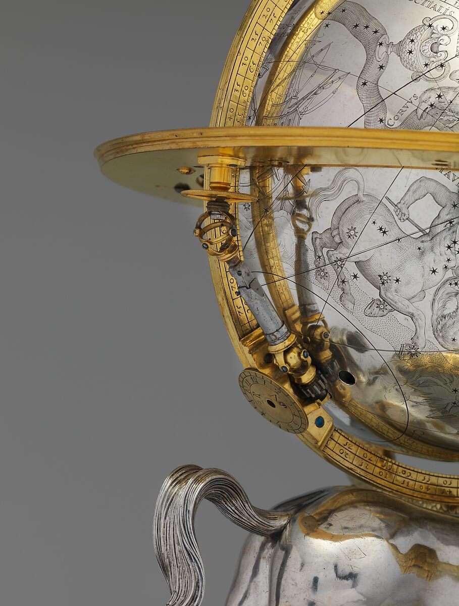 Celestial globe with clockwork, Gerhard Emmoser (German, active 1556–84), Case: partially gilded silver, gilded brass; movement: brass, steel, Austrian, Vienna