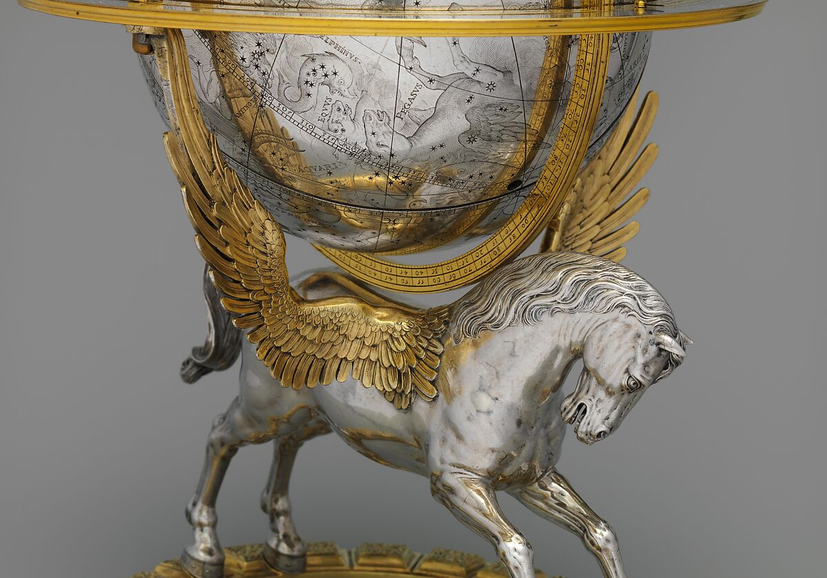 Celestial globe with clockwork, Gerhard Emmoser (German, active 1556–84), Case: partially gilded silver, gilded brass; movement: brass, steel, Austrian, Vienna