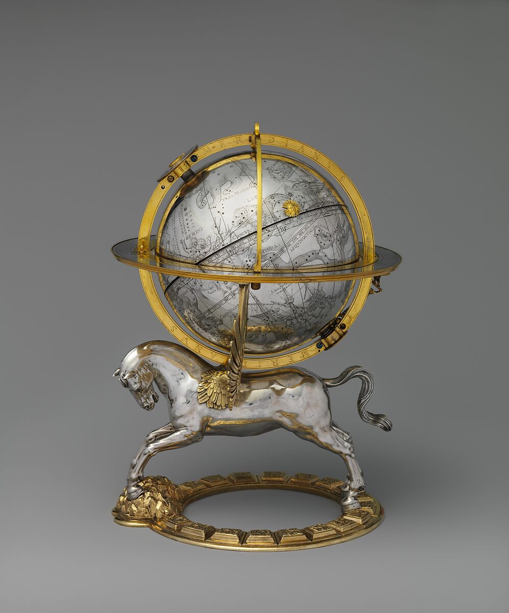 Celestial globe with clockwork, Gerhard Emmoser (German, active 1556–84), Case: partially gilded silver, gilded brass; movement: brass, steel, Austrian, Vienna