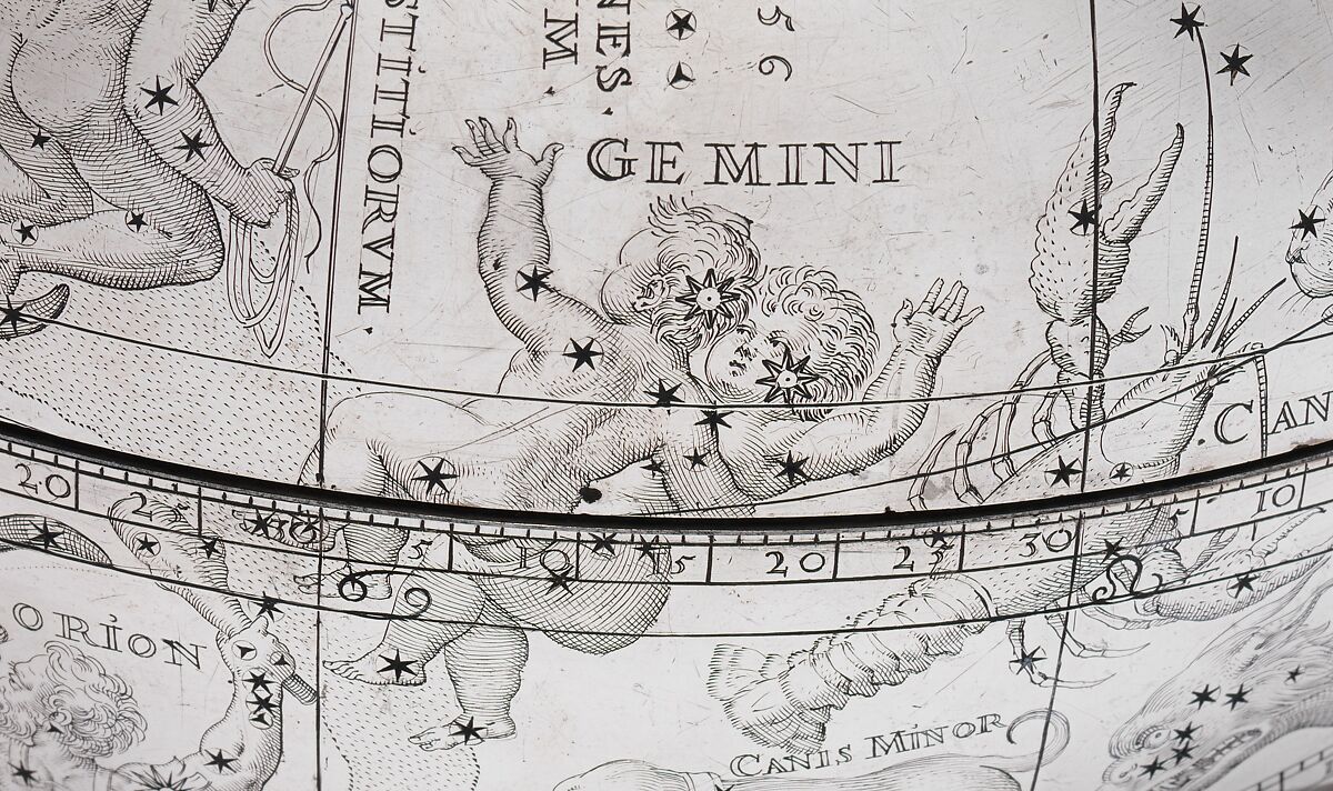 Celestial globe with clockwork, Gerhard Emmoser (German, active 1556–84), Case: partially gilded silver, gilded brass; movement: brass, steel, Austrian, Vienna