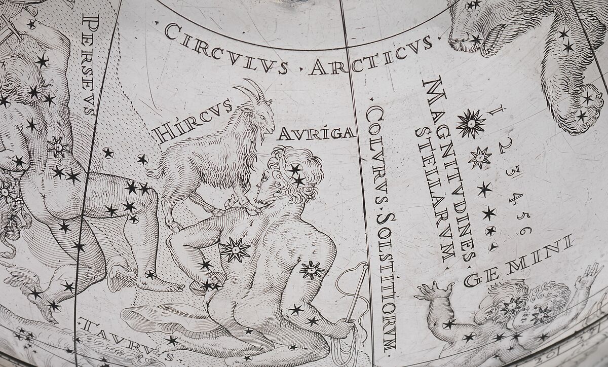 Celestial globe with clockwork, Gerhard Emmoser (German, active 1556–84), Case: partially gilded silver, gilded brass; movement: brass, steel, Austrian, Vienna