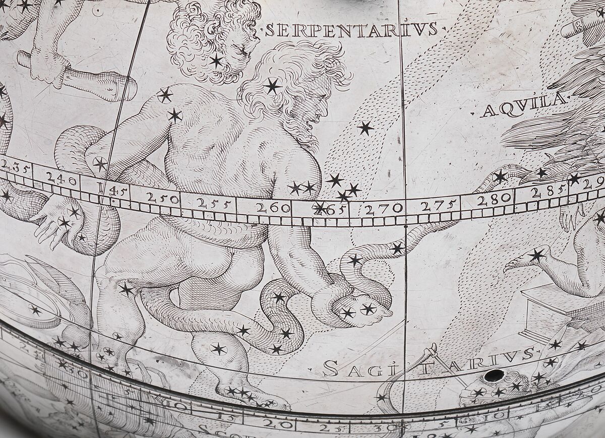 Celestial globe with clockwork, Gerhard Emmoser (German, active 1556–84), Case: partially gilded silver, gilded brass; movement: brass, steel, Austrian, Vienna