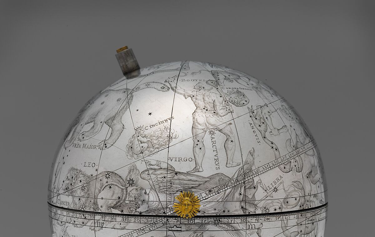 Celestial globe with clockwork, Gerhard Emmoser (German, active 1556–84), Case: partially gilded silver, gilded brass; movement: brass, steel, Austrian, Vienna