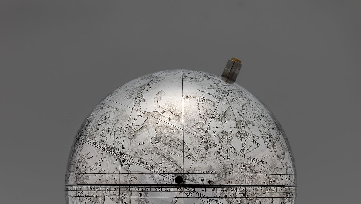 Celestial globe with clockwork, Gerhard Emmoser (German, active 1556–84), Case: partially gilded silver, gilded brass; movement: brass, steel, Austrian, Vienna