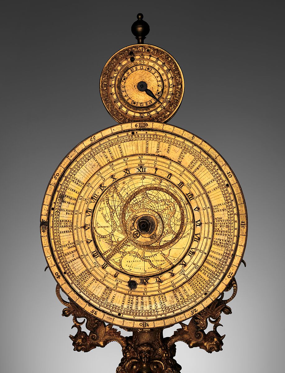 Mirror clock, Movement attributed to Master CR (probably active before 1565), Case: gilded brass and gilded copper; Dial: gilded brass; Movement: plated frame of iron, iron wheels, German, Nuremberg