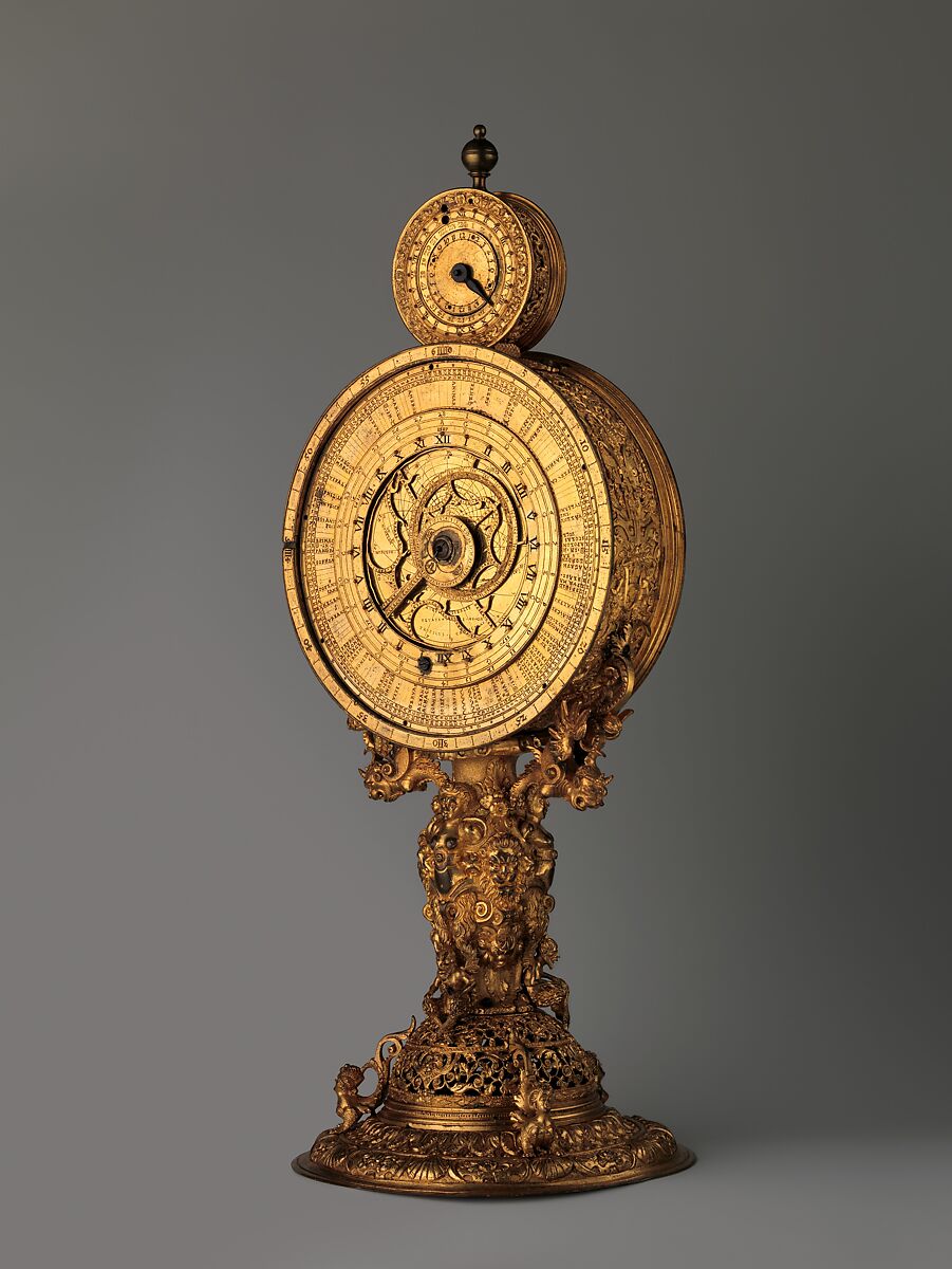 Mirror clock, Movement attributed to Master CR (probably active before 1565), Case: gilded brass and gilded copper; Dial: gilded brass; Movement: plated frame of iron, iron wheels, German, Nuremberg 