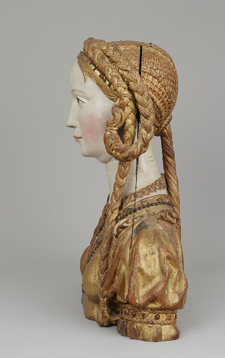 Reliquary bust of a companion of Saint Ursula, Oak, polychromed and gilt on plaster ground; glass opening for relic, Belgian, possibly Brussels