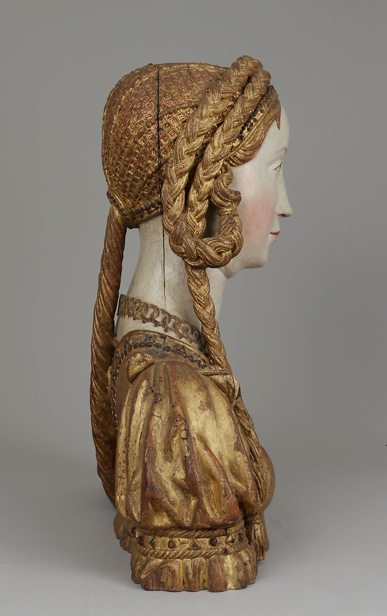 Reliquary bust of a companion of Saint Ursula, Oak, polychromed and gilt on plaster ground; glass opening for relic, Belgian, possibly Brussels