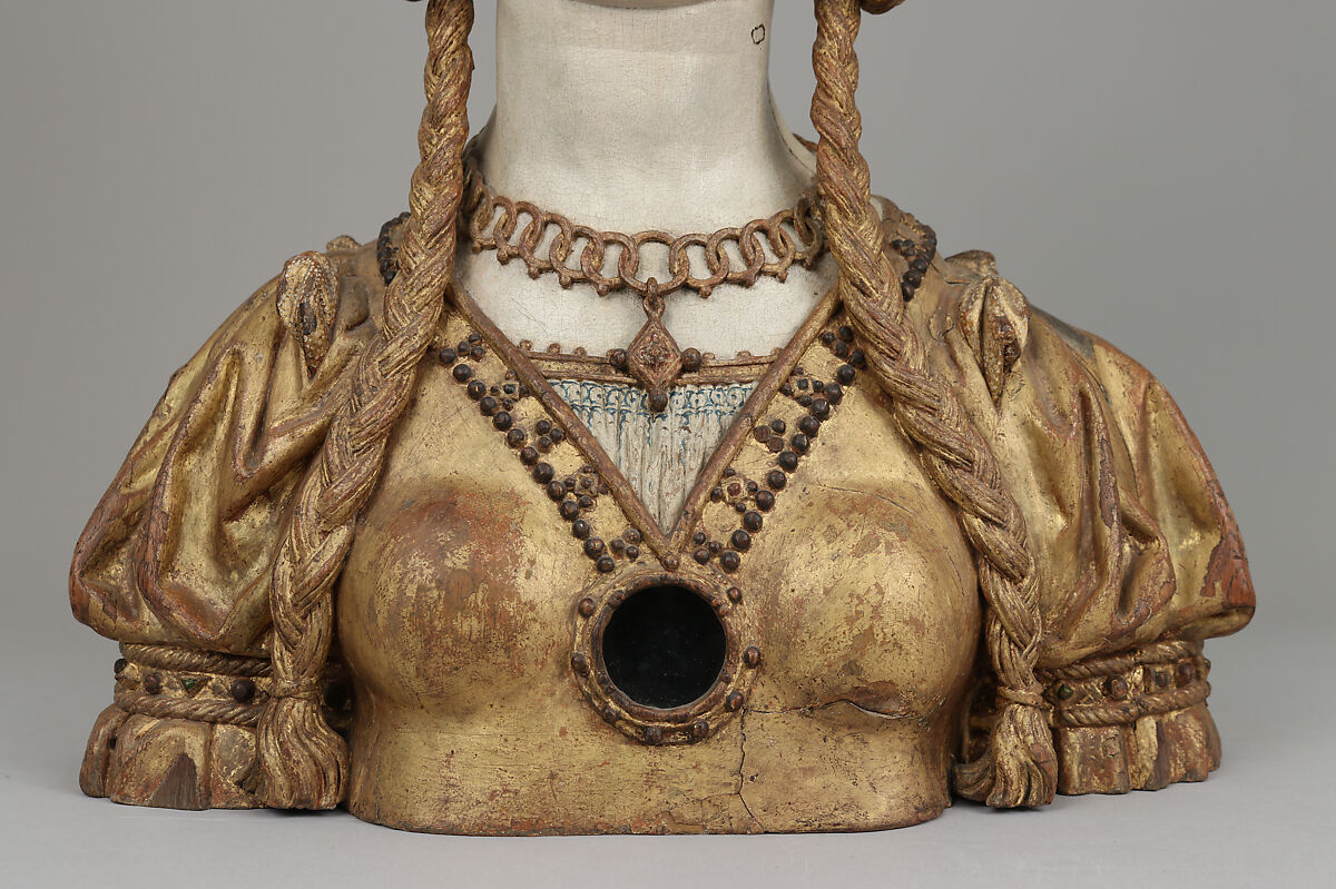 Reliquary bust of a companion of Saint Ursula, Oak, polychromed and gilt on plaster ground; glass opening for relic, Belgian, possibly Brussels