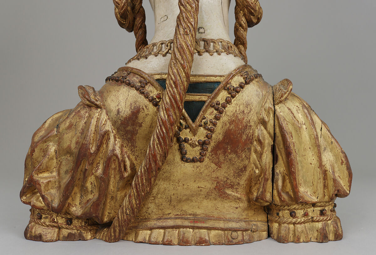 Reliquary bust of a companion of Saint Ursula, Oak, polychromed and gilt on plaster ground; glass opening for relic, Belgian, possibly Brussels