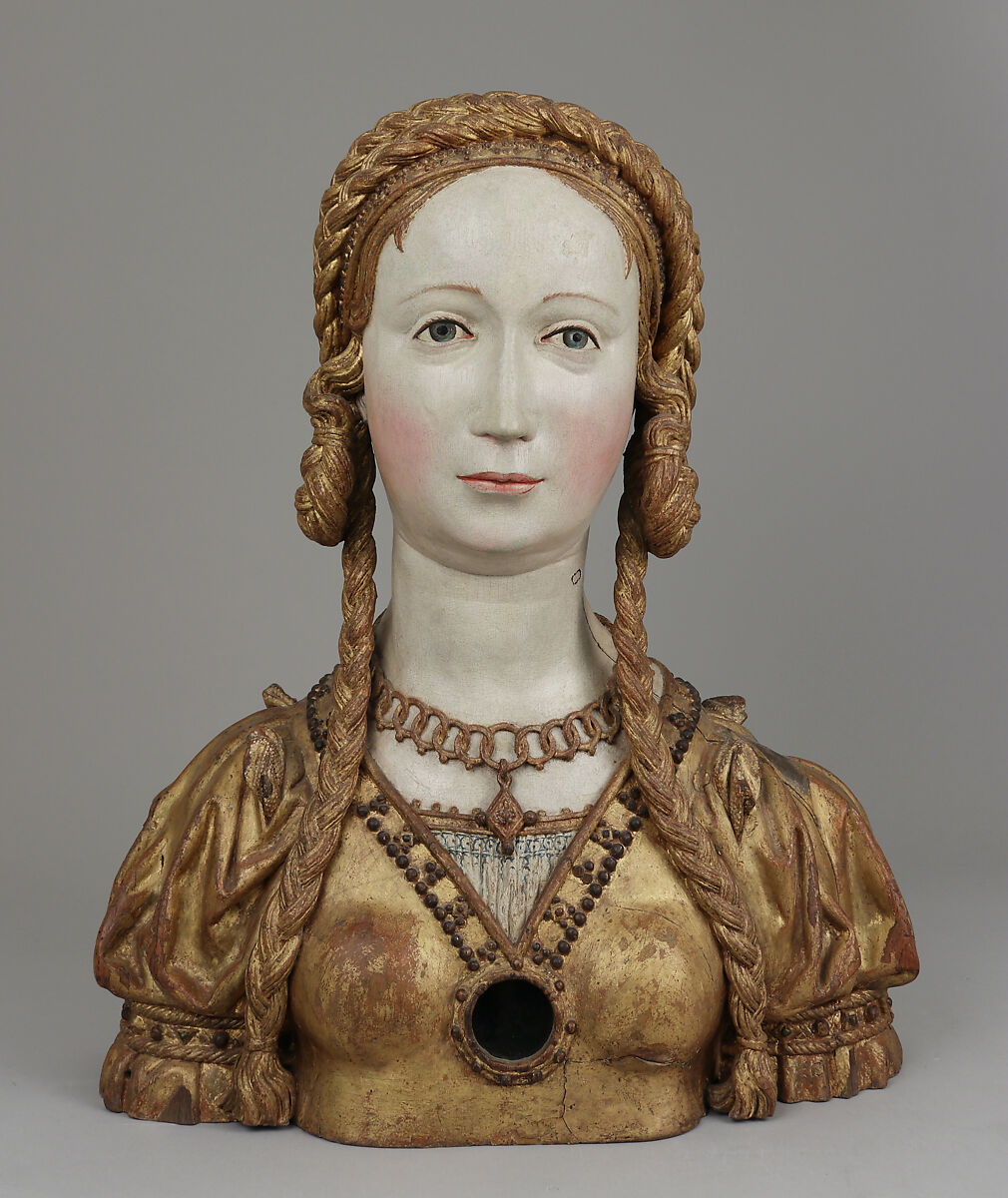 Reliquary bust of a companion of Saint Ursula, Oak, polychromed and gilt on plaster ground; glass opening for relic, Belgian, possibly Brussels