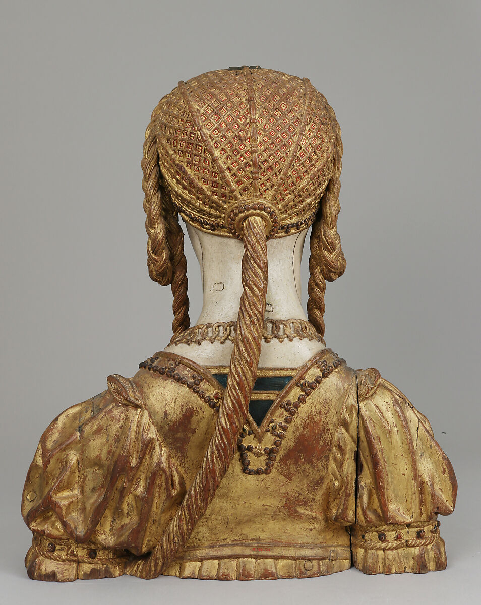 Reliquary bust of a companion of Saint Ursula, Oak, polychromed and gilt on plaster ground; glass opening for relic, Belgian, possibly Brussels