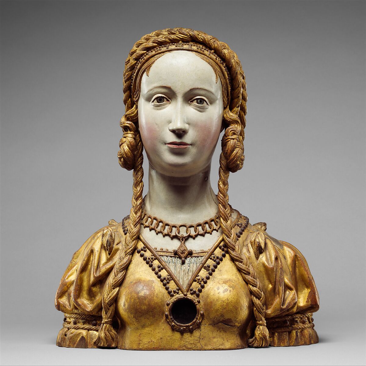 Reliquary bust of a companion of Saint Ursula, Oak, polychromed and gilt on plaster ground; glass opening for relic, Belgian, possibly Brussels 