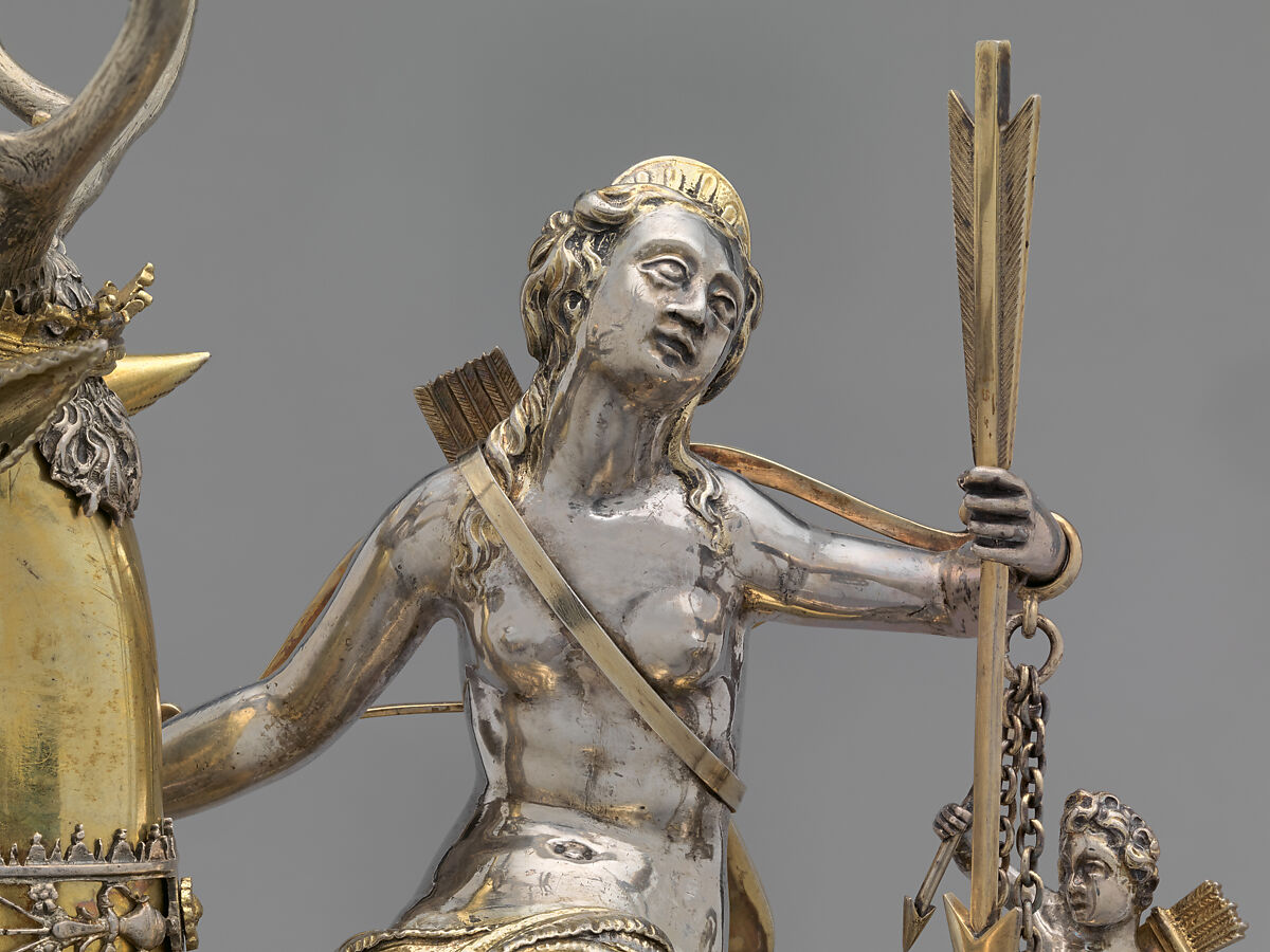 Diana and the Stag, Joachim Friess (ca. 1579–1620, master 1610), Partially gilded silver, enamel, jewels (case); iron, wood (movement), German, Augsburg