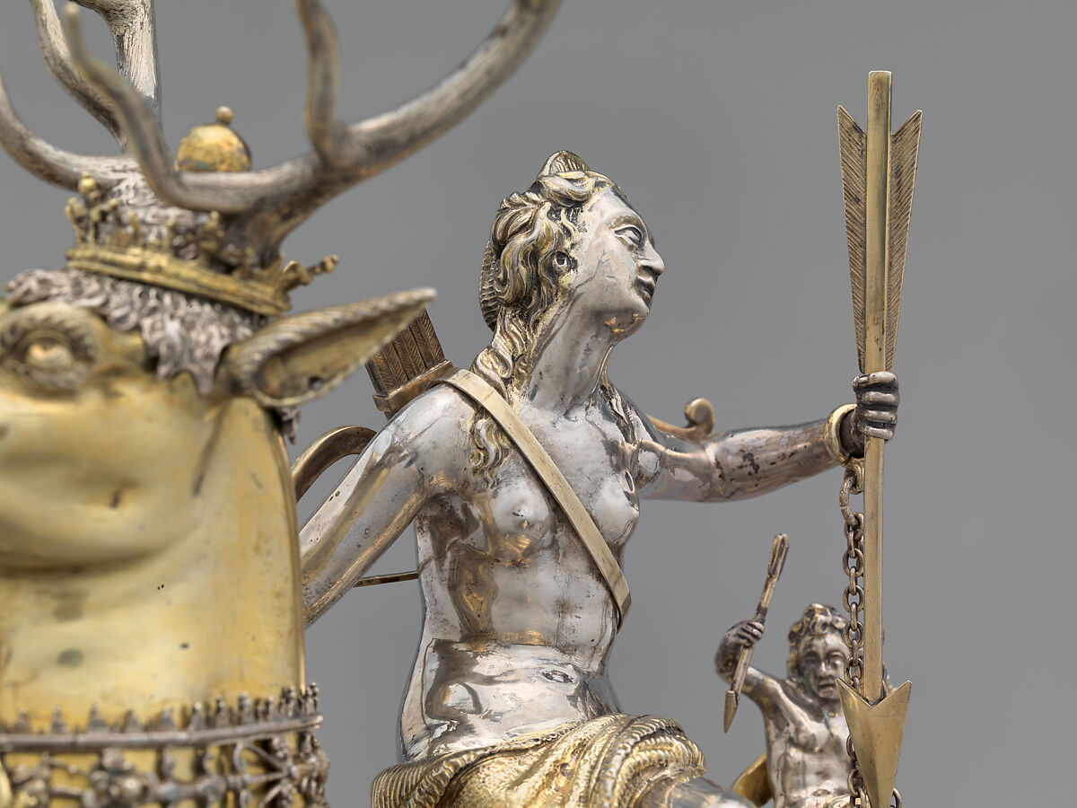 Diana and the Stag, Joachim Friess (ca. 1579–1620, master 1610), Partially gilded silver, enamel, jewels (case); iron, wood (movement), German, Augsburg