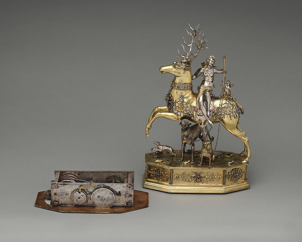 Diana and the Stag, Joachim Friess (ca. 1579–1620, master 1610), Partially gilded silver, enamel, jewels (case); iron, wood (movement), German, Augsburg