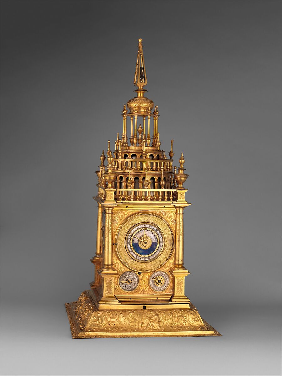 Astronomical table clock, Case: gilded brass and gilded copper; Dials: gilded brass and silver; Movement: brass, gilded brass, and steel, German, Augsburg 