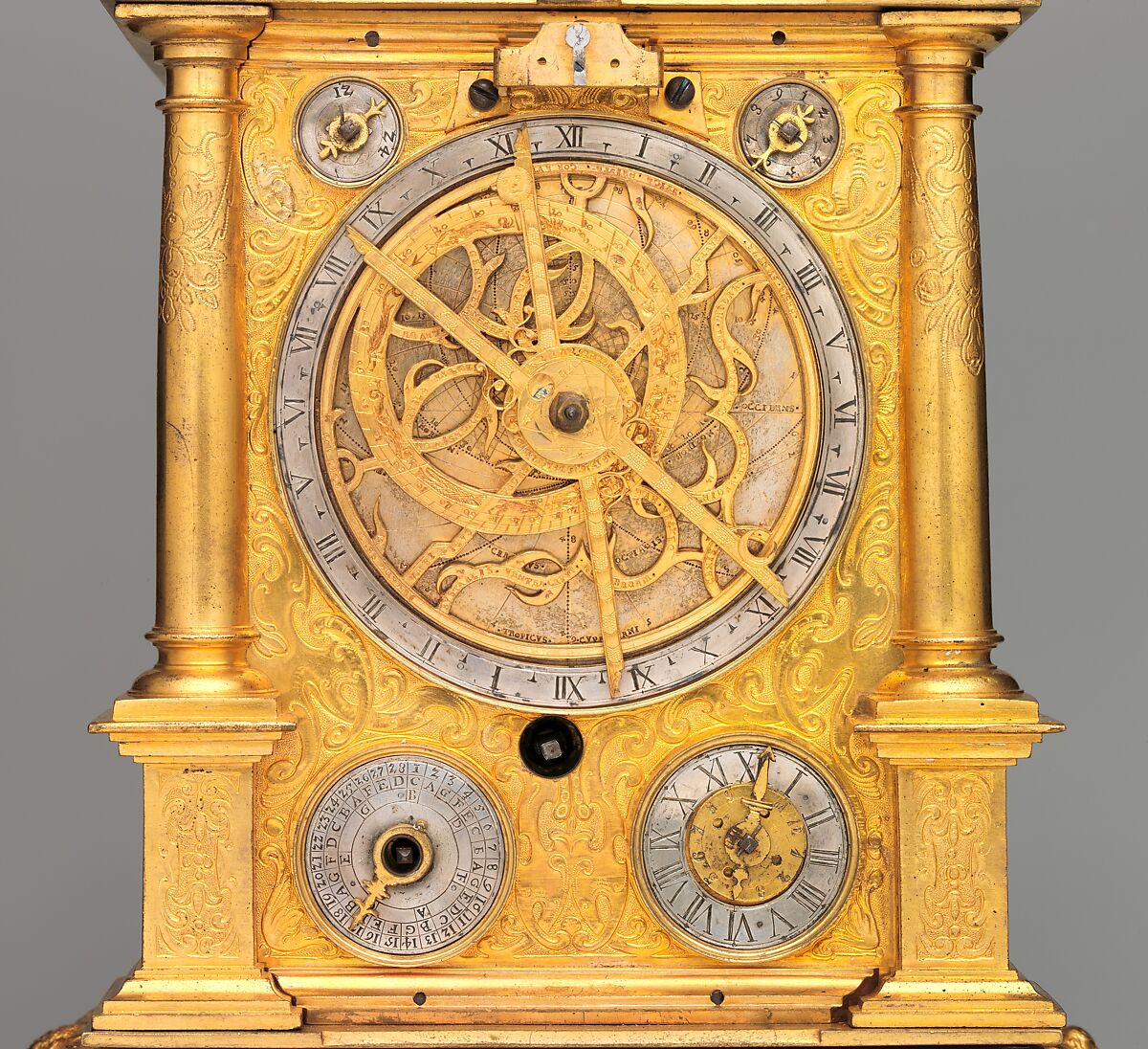 Astronomical table clock, Case: gilded brass and gilded copper; Dials: gilded brass and silver; Movement: brass, gilded brass, and steel, German, Augsburg