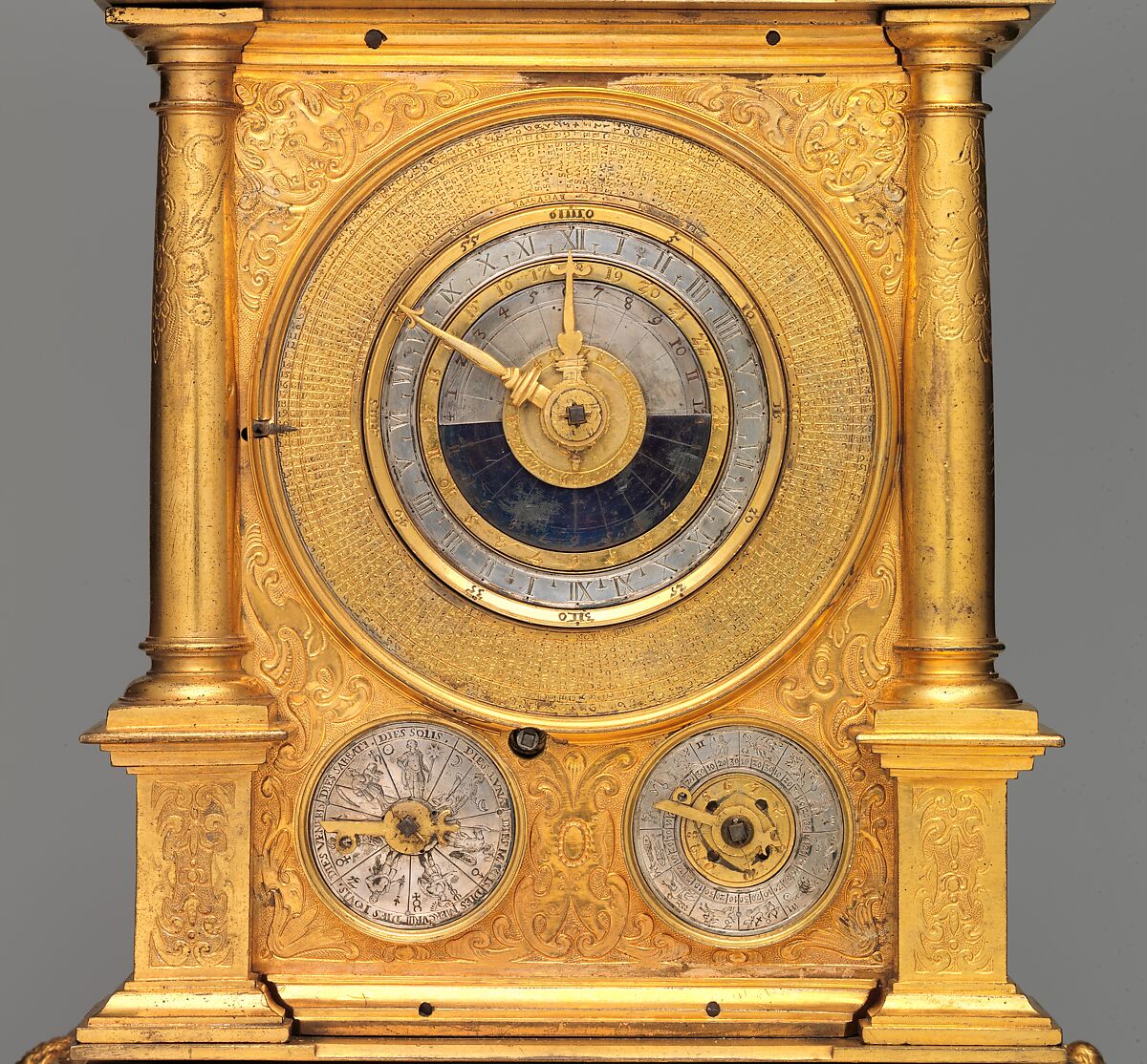 Astronomical table clock, Case: gilded brass and gilded copper; Dials: gilded brass and silver; Movement: brass, gilded brass, and steel, German, Augsburg
