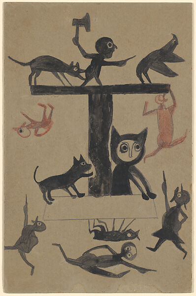 Figures and Construction with Cat, Bill Traylor (American, Benton, Alabama 1853/54–1949 Montgomery, Alabama), Gouache and pencil on cardboard, American 