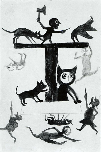 Figures and Construction with Cat, Bill Traylor (American, Benton, Alabama ca. 1853–1949 Montgomery, Alabama), Gouache and pencil on cardboard, American