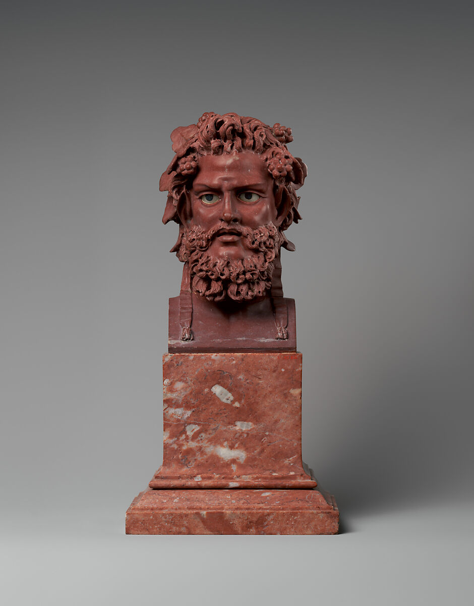 Head of Dionysus, Workshop of Luigi Valadier (Italian, Rome 1726–1785 Rome), Bust: red griotte marble; eyes: inlaid with white marble with black marble pupils; base: fleur-de-pêcher marble, Italian 