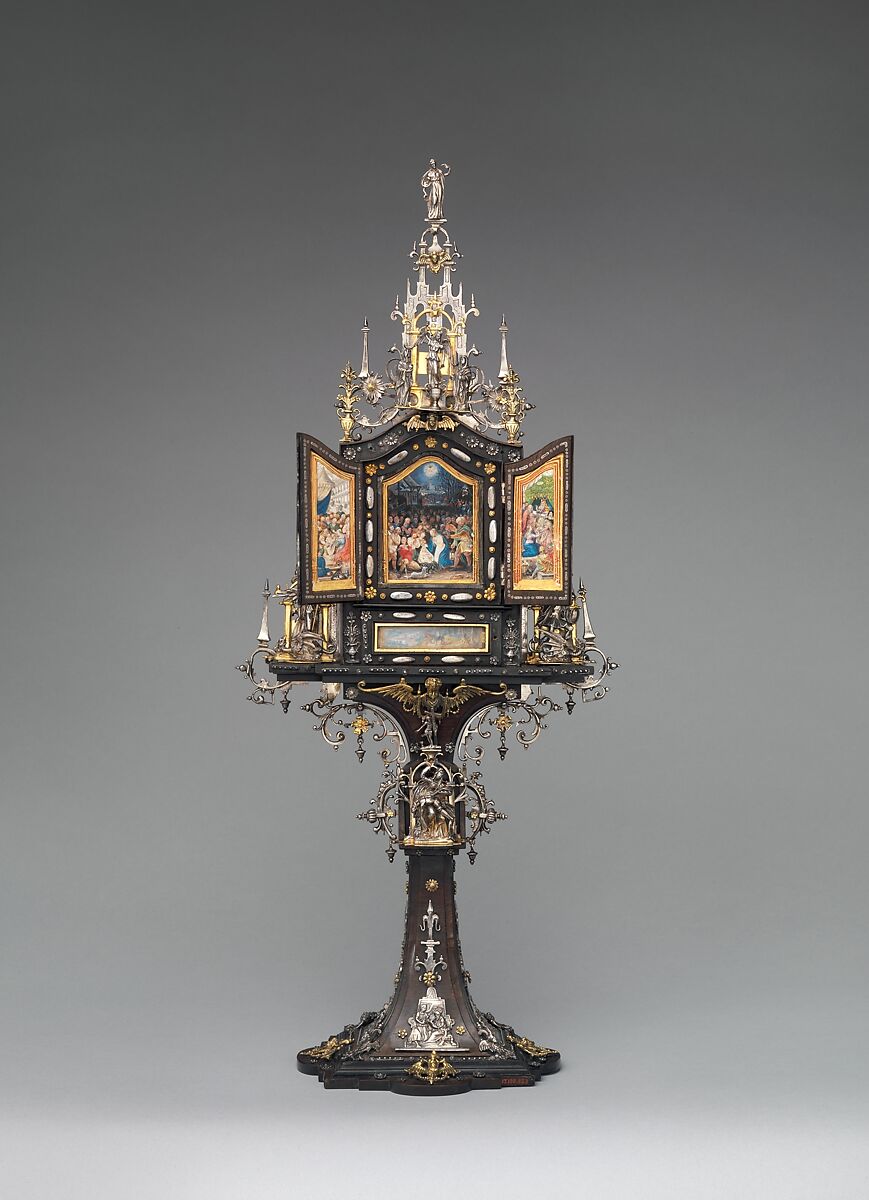 Shrine, Matthias Walbaum (German, Kiel 1554–1632 Augsburg), Ebony, silver, gilded silver, gouache on parchment, German, Augsburg