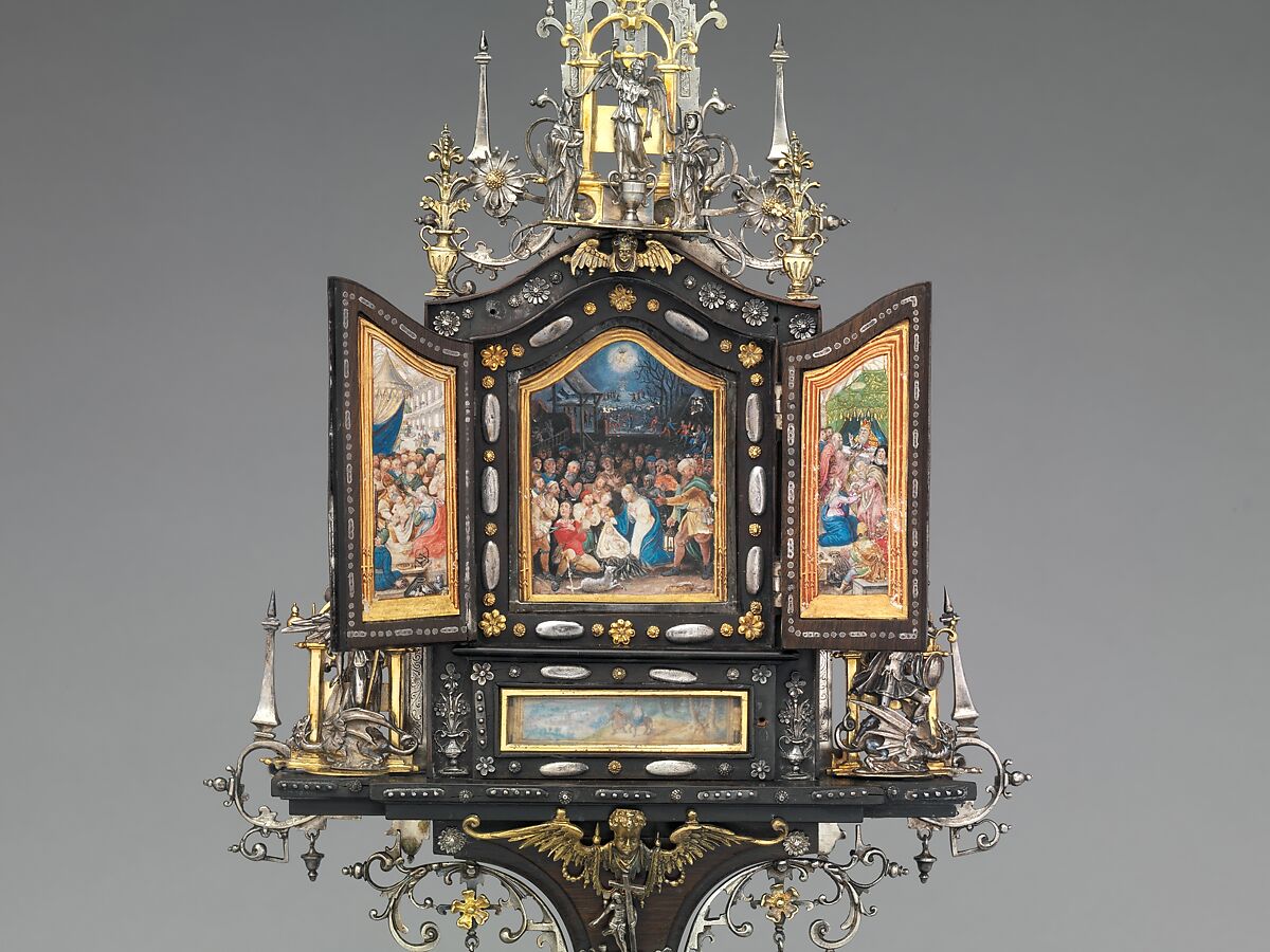 Shrine, Matthias Walbaum (German, Kiel 1554–1632 Augsburg), Ebony, silver, gilded silver, gouache on parchment, German, Augsburg