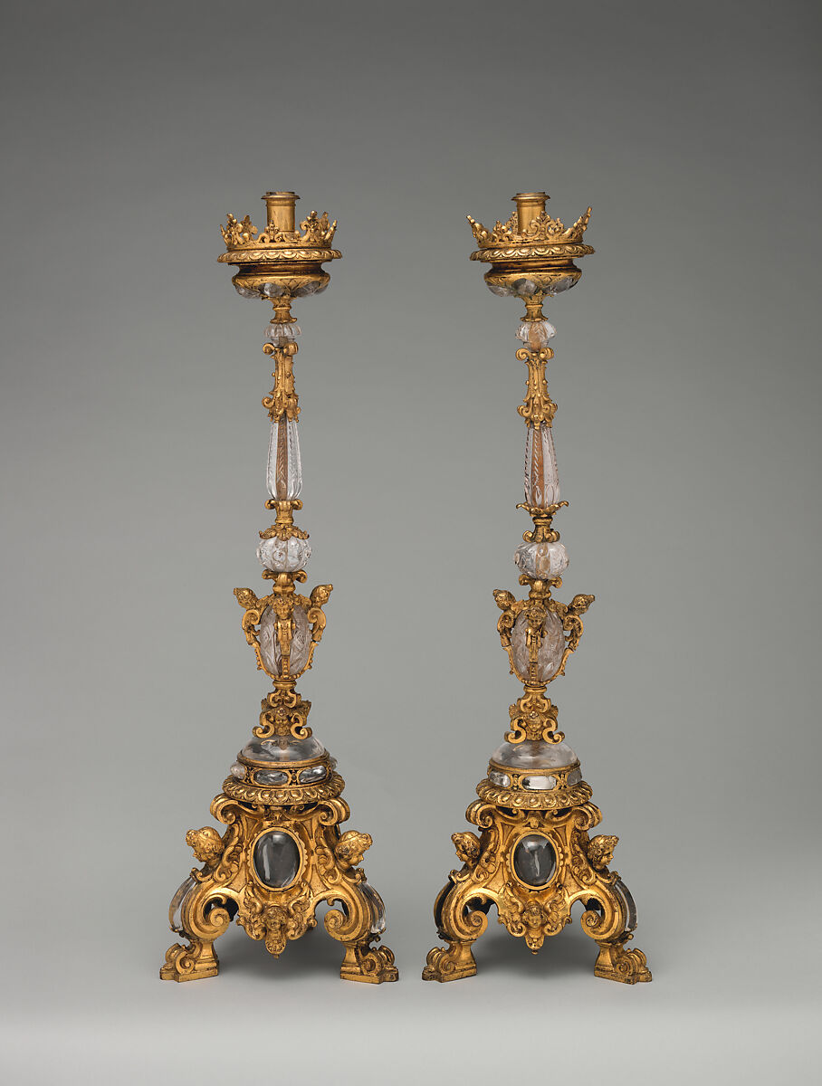 Altar candlestick (one of a pair), Bronze, fire-gilt; rock crystal, Italian, possibly Rome 