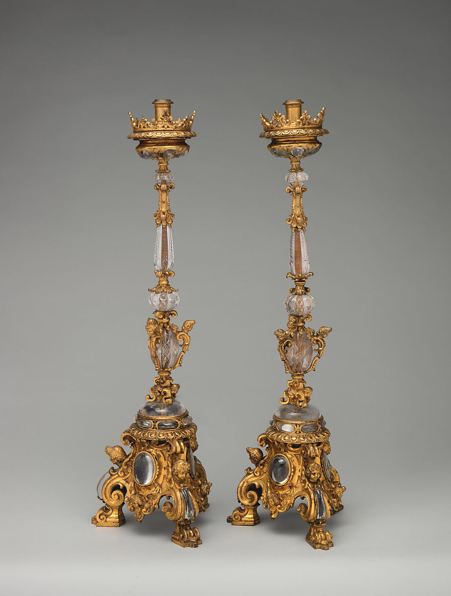 Altar candlestick (one of a pair), Bronze, fire-gilt; rock crystal, Italian, possibly Rome