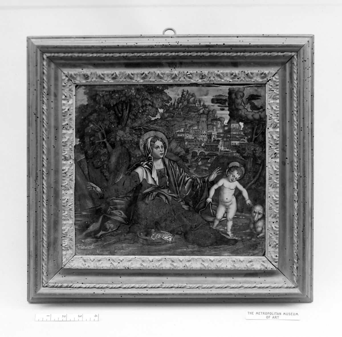 Virgin seated in landscape with Christ Child, Verre églomisé, Italian 