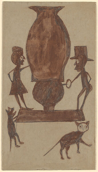 Brown Lamp with Figures and Cats, Bill Traylor (American, Benton, Alabama ca. 1853–1949 Montgomery, Alabama), Gouache and pencil on cardboard, American
