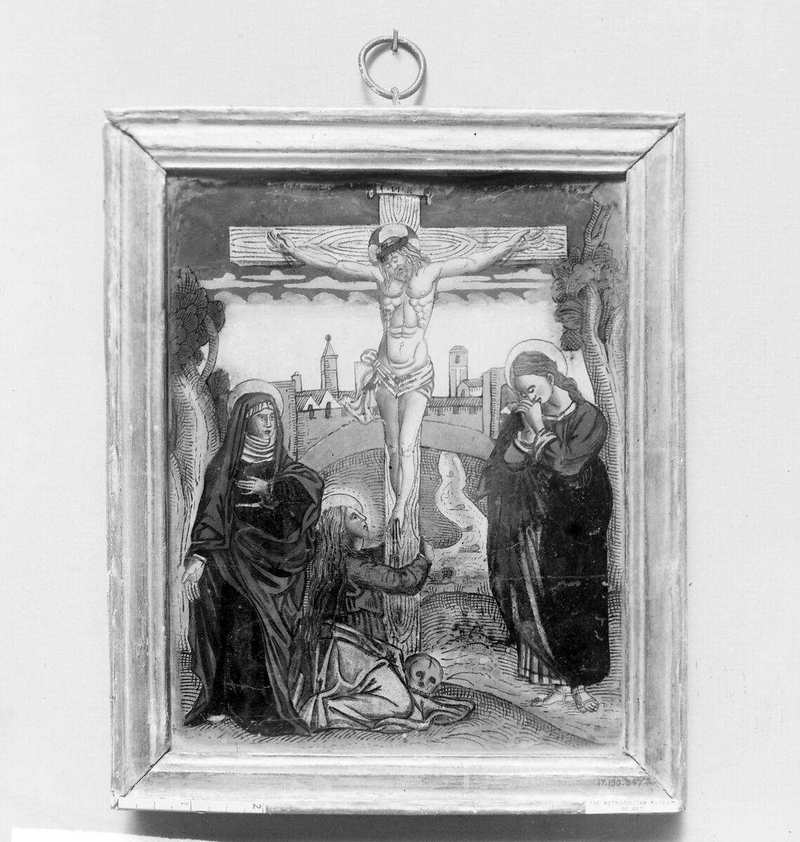 Crucifixion with three Marys, Verre églomisé, Italian 