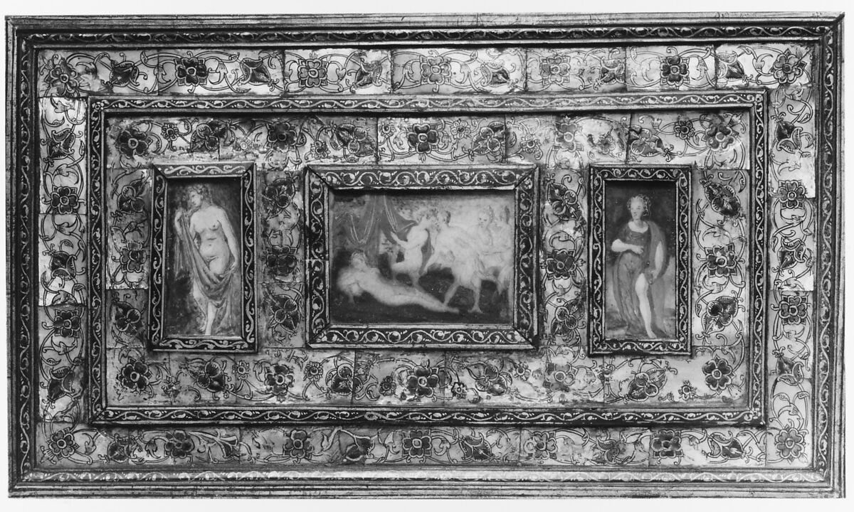 Casket (cofanetto or scrigno), Beechwood, ebony, painted and decorated with incrustation of mother-of-pearl, ivory with gilding; miniatures: gouache on parchment; lined with later fabric, Italian, Venice