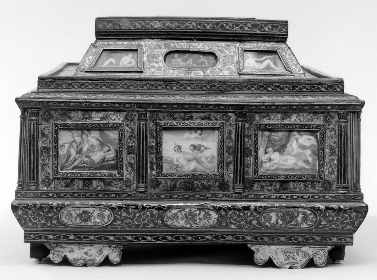 Casket (cofanetto or scrigno), Beechwood, ebony, painted and decorated with incrustation of mother-of-pearl, ivory with gilding; miniatures: gouache on parchment; lined with later fabric, Italian, Venice
