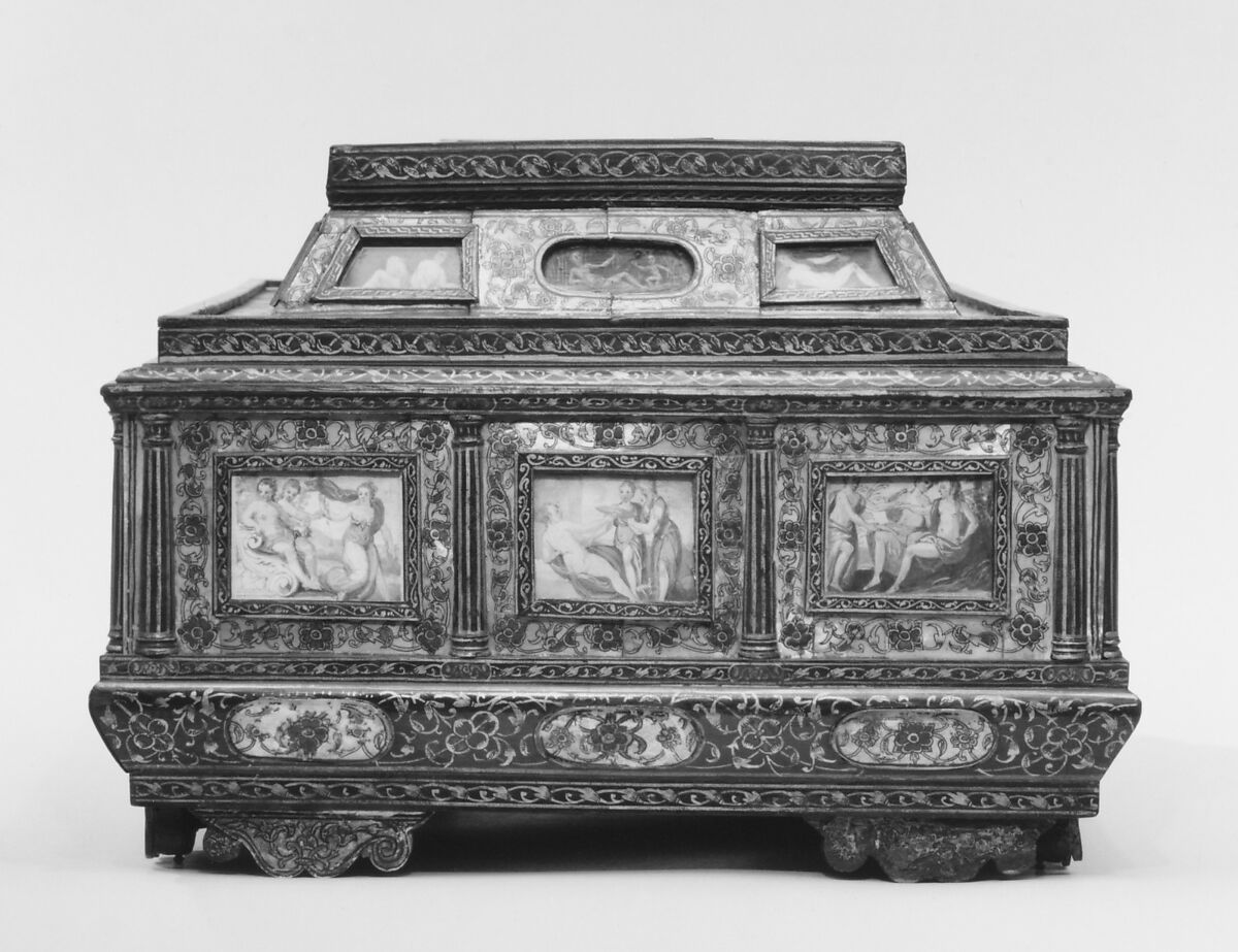 Casket (cofanetto or scrigno), Beechwood, ebony, painted and decorated with incrustation of mother-of-pearl, ivory with gilding; miniatures: gouache on parchment; lined with later fabric, Italian, Venice