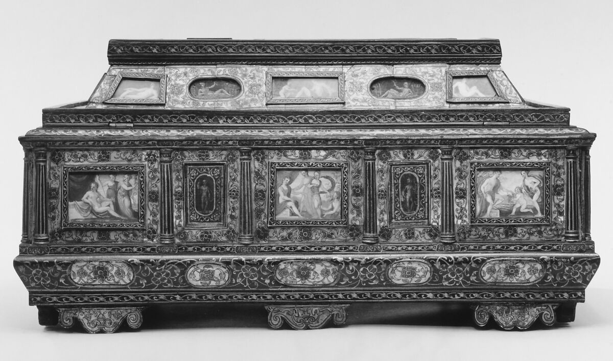 Casket (cofanetto or scrigno), Beechwood, ebony, painted and decorated with incrustation of mother-of-pearl, ivory with gilding; miniatures: gouache on parchment; lined with later fabric, Italian, Venice
