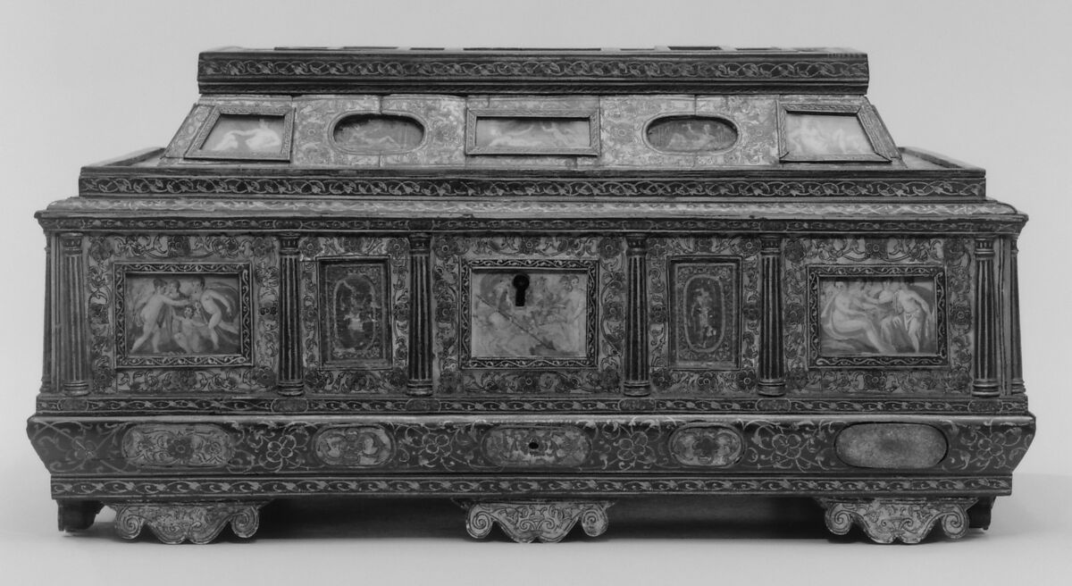 Casket (cofanetto or scrigno), Beechwood, ebony, painted and decorated with incrustation of mother-of-pearl, ivory with gilding; miniatures: gouache on parchment; lined with later fabric, Italian, Venice