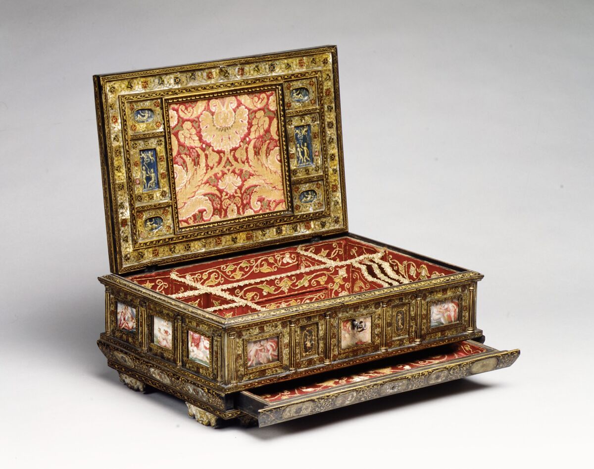 Casket (cofanetto or scrigno), Beechwood, ebony, painted and decorated with incrustation of mother-of-pearl, ivory with gilding; miniatures: gouache on parchment; lined with later fabric, Italian, Venice