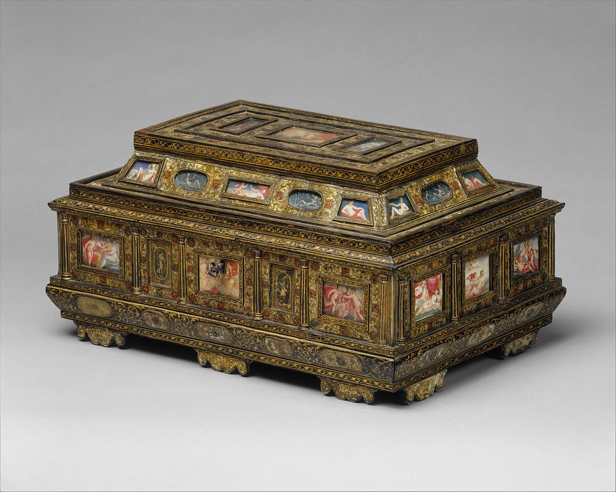 Casket (cofanetto or scrigno), Beechwood, ebony, painted and decorated with incrustation of mother-of-pearl, ivory with gilding; miniatures: gouache on parchment; lined with later fabric, Italian, Venice 