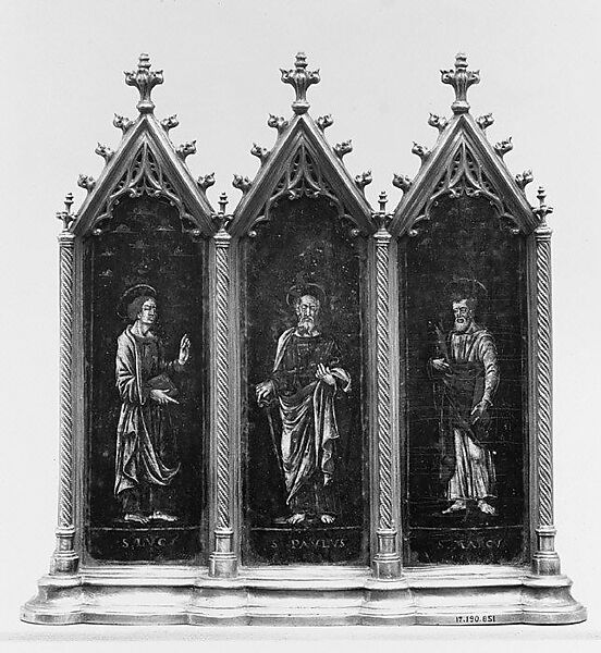 Triptych (one of a pair), Painted enamel on copper, partly gilt; silver gilt, probably Italian or possibly French 