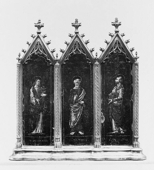 Triptych (one of a pair), Painted enamel on copper, partly gilt; silver gilt, probably Italian or possibly French 