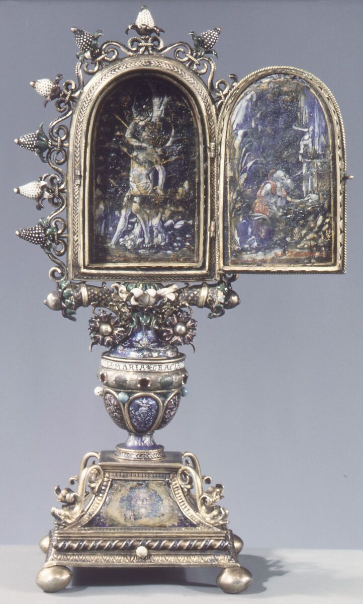 Crucifixion, Basse-taille and painted enamel on silver; enamel en ronde bosse on silver; silver gilt; rubies; pearls, Italian, Lombardy, probably Milan