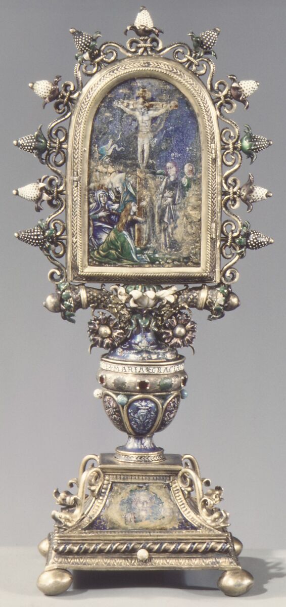 Crucifixion, Basse-taille and painted enamel on silver; enamel en ronde bosse on silver; silver gilt; rubies; pearls, Italian, Lombardy, probably Milan 