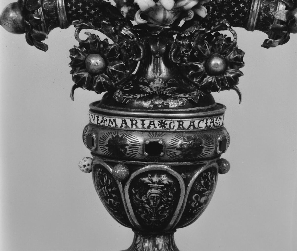 Crucifixion, Basse-taille and painted enamel on silver; enamel en ronde bosse on silver; silver gilt; rubies; pearls, Italian, Lombardy, probably Milan