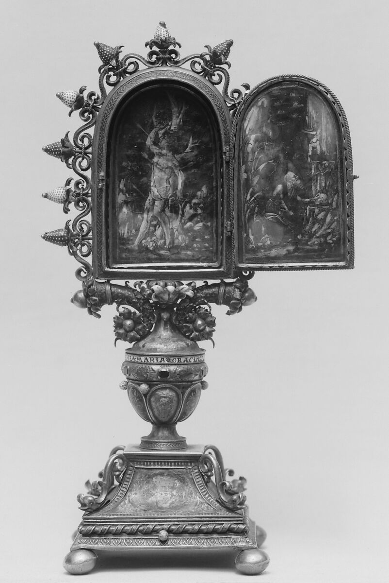 Crucifixion, Basse-taille and painted enamel on silver; enamel en ronde bosse on silver; silver gilt; rubies; pearls, Italian, Lombardy, probably Milan