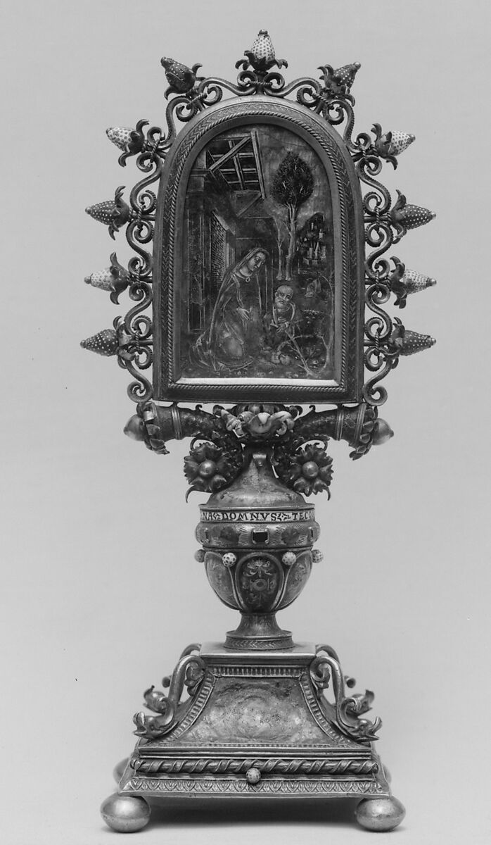 Crucifixion, Basse-taille and painted enamel on silver; enamel en ronde bosse on silver; silver gilt; rubies; pearls, Italian, Lombardy, probably Milan