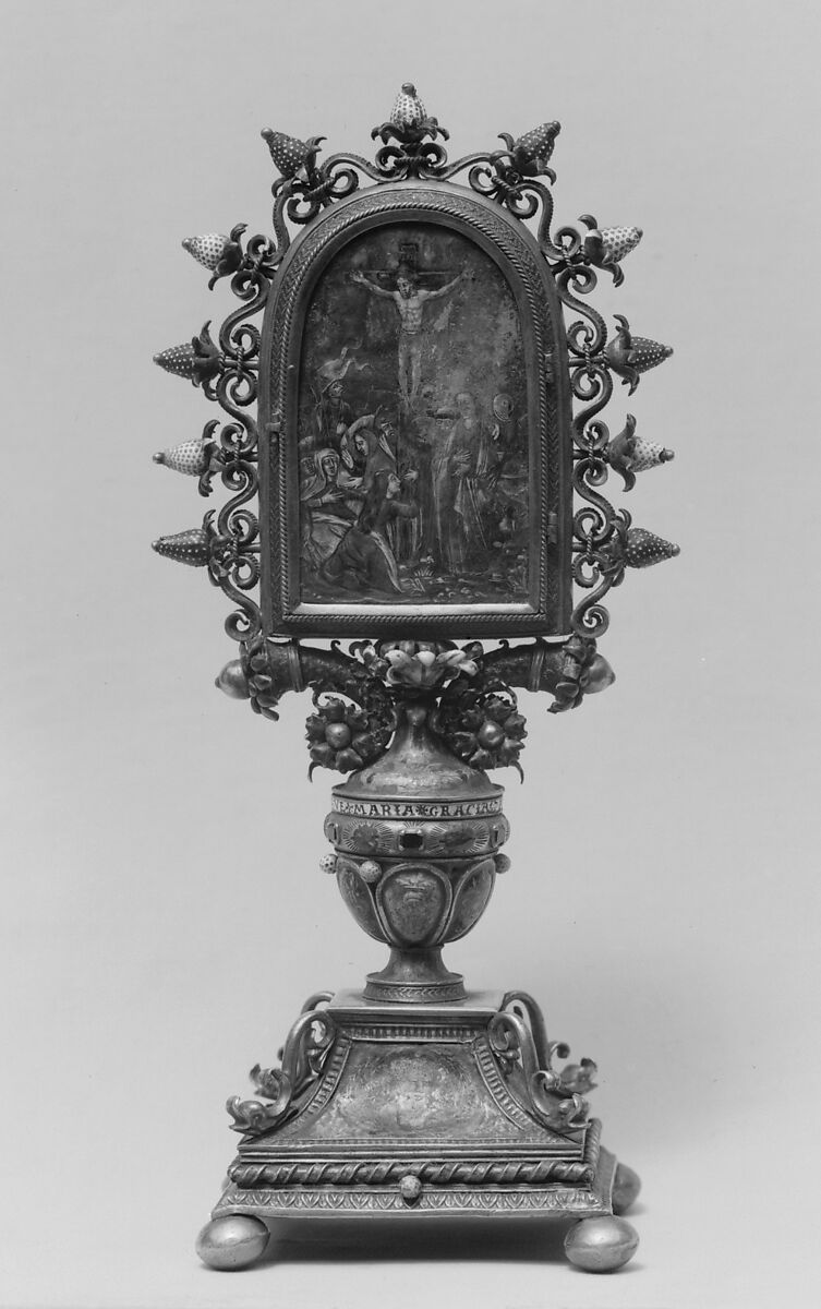 Crucifixion, Basse-taille and painted enamel on silver; enamel en ronde bosse on silver; silver gilt; rubies; pearls, Italian, Lombardy, probably Milan