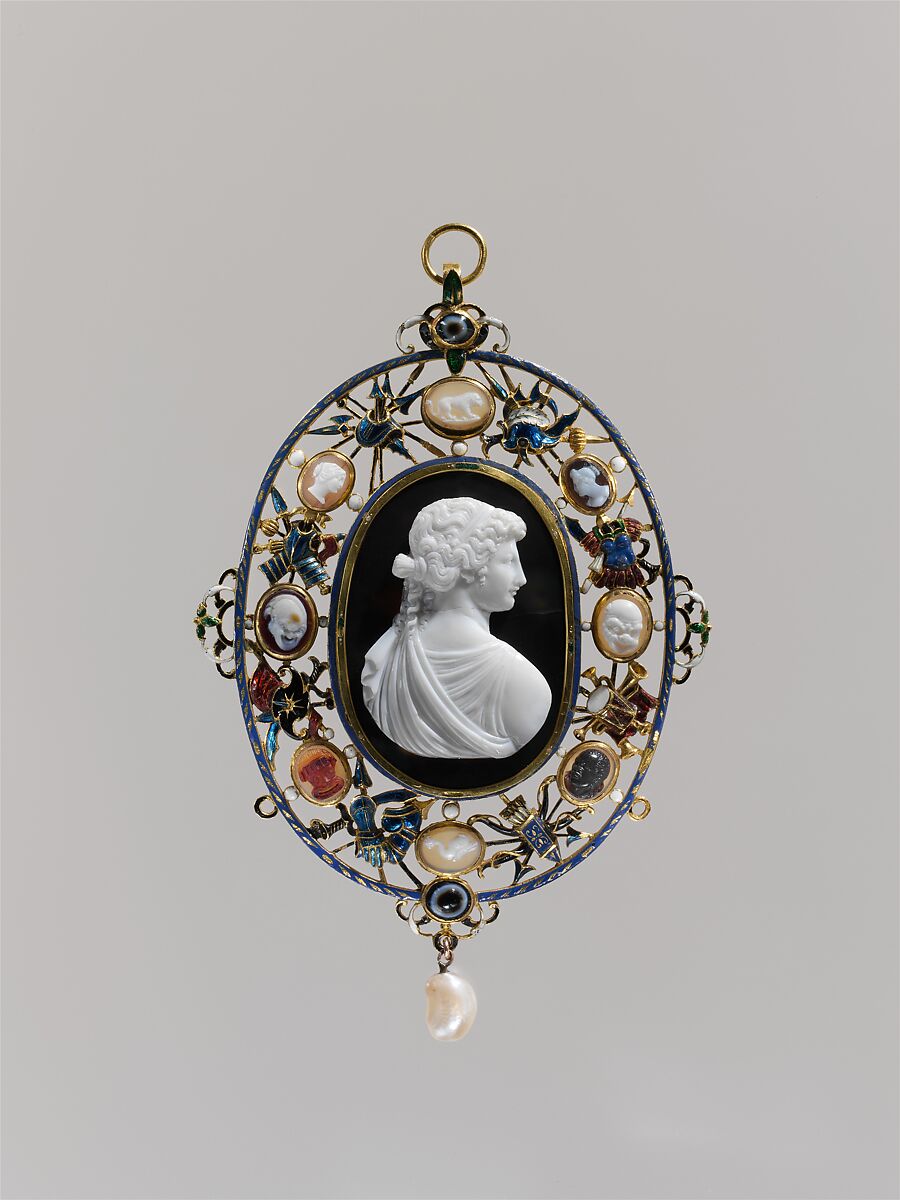 A "Marlborough Gem": Bust of a woman in profile, her back to the spectator, Onyx, glued to a dark brown sardonyx (?) ground, mounted in gold for display, with enamel, smaller cameos, and a pearl, Italian or British