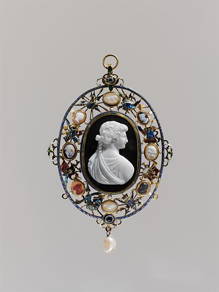 A "Marlborough Gem": Bust of a woman in profile, her back to the spectator, Onyx, glued to a dark brown sardonyx (?) ground, mounted in gold for display, with enamel, smaller cameos, and a pearl, Italian or British 
